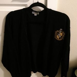 Black Cardigan with a Hufflepuff Patch Added